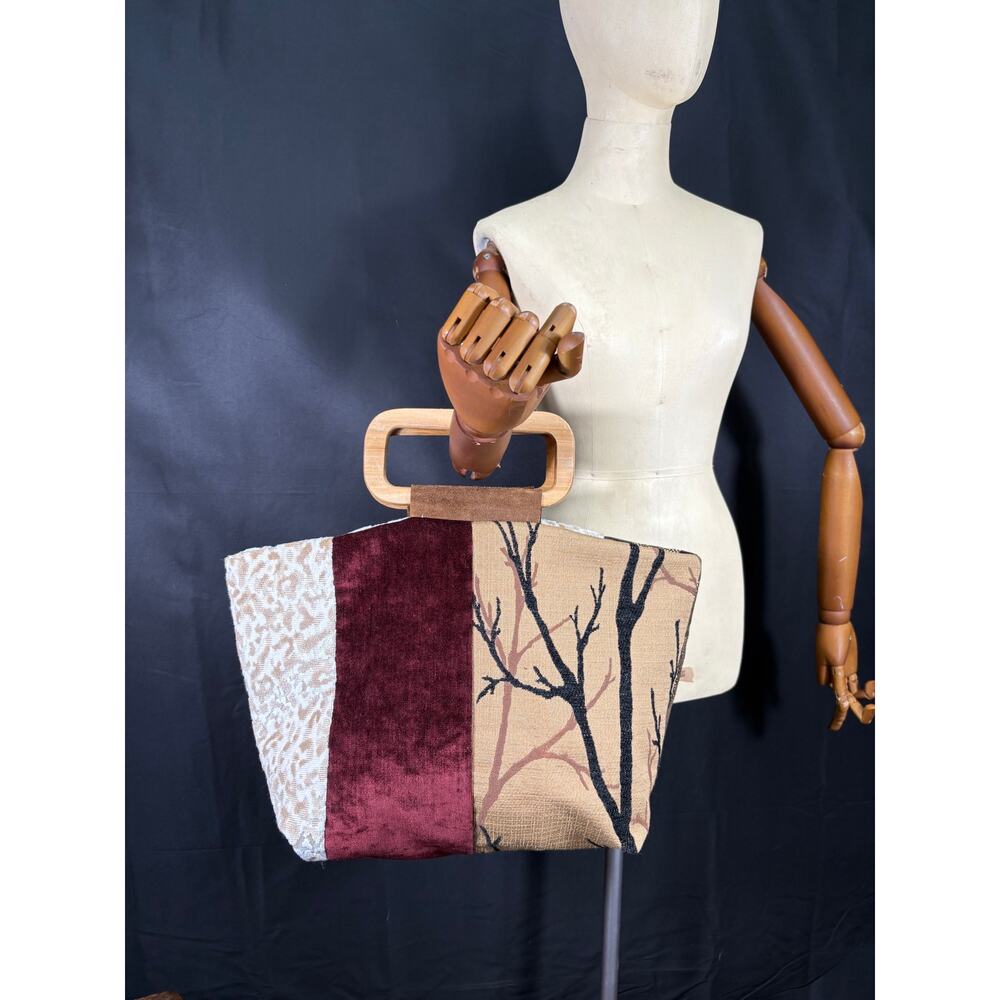 Patchwork One of a Kind Handmade Purse Wooden Handles Designer Upholstery Fabric